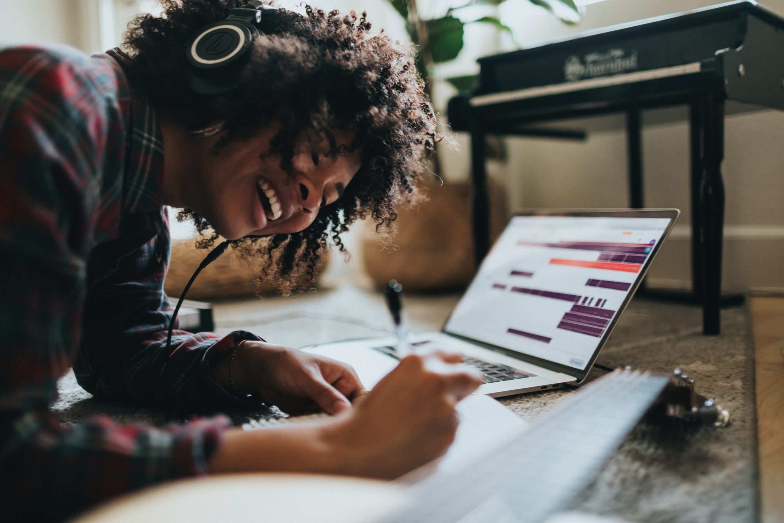 10 Inspirational and Motivating Quotes That Help Destroy Writer's Block. the lazy gal sejal ghanate woman writing with headphones on happy